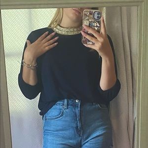 Moa Moa Bejeweled Collar Navy Blue Blouse